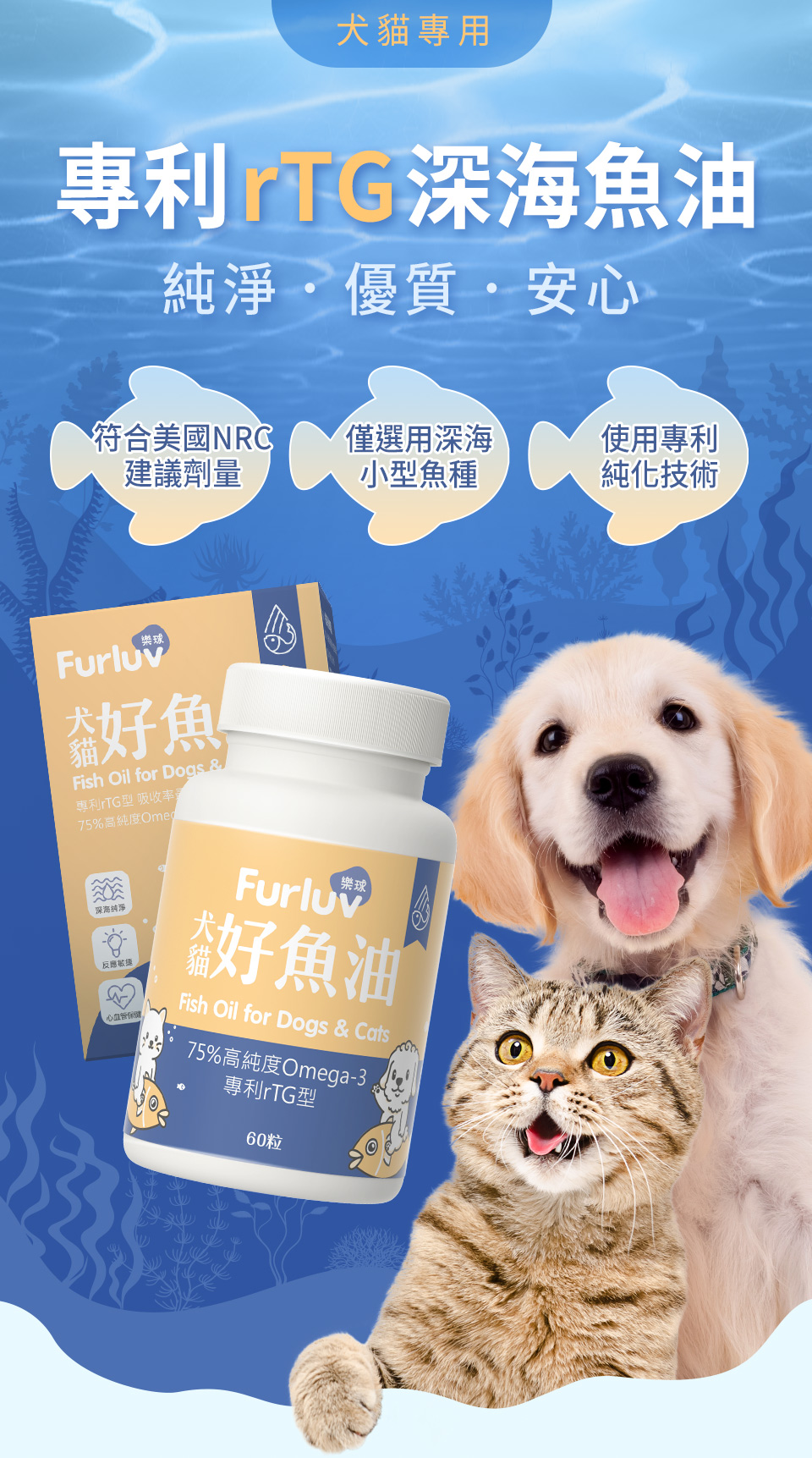 Furluv好魚油嚴選專利rTG型深海魚油，Omega-3含量符合美國NRC建議，並使用專利純化技術