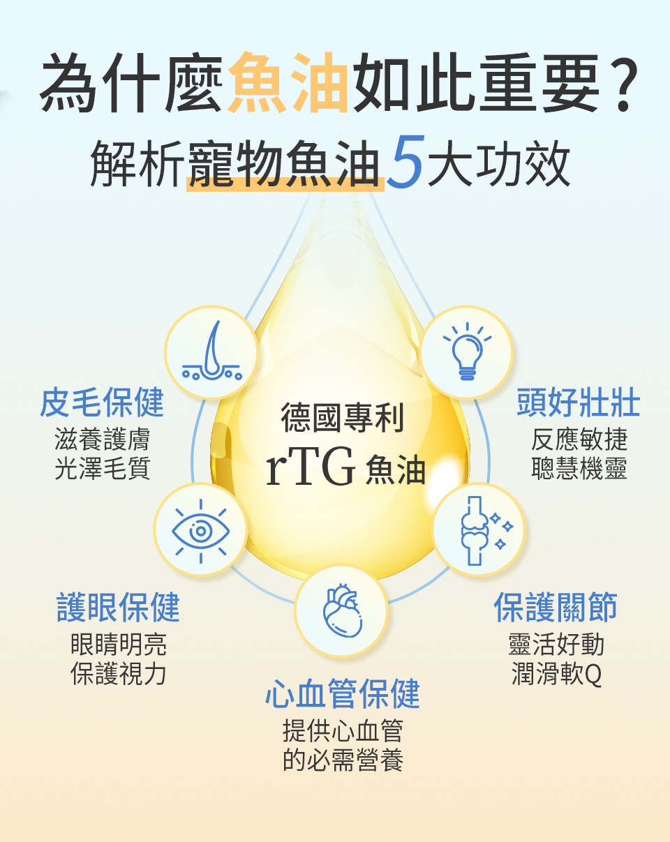 德國專利rTG寵物魚油的5大功效：皮膚健康、護眼明亮、心血管保健、保護關節、腦部認知發展