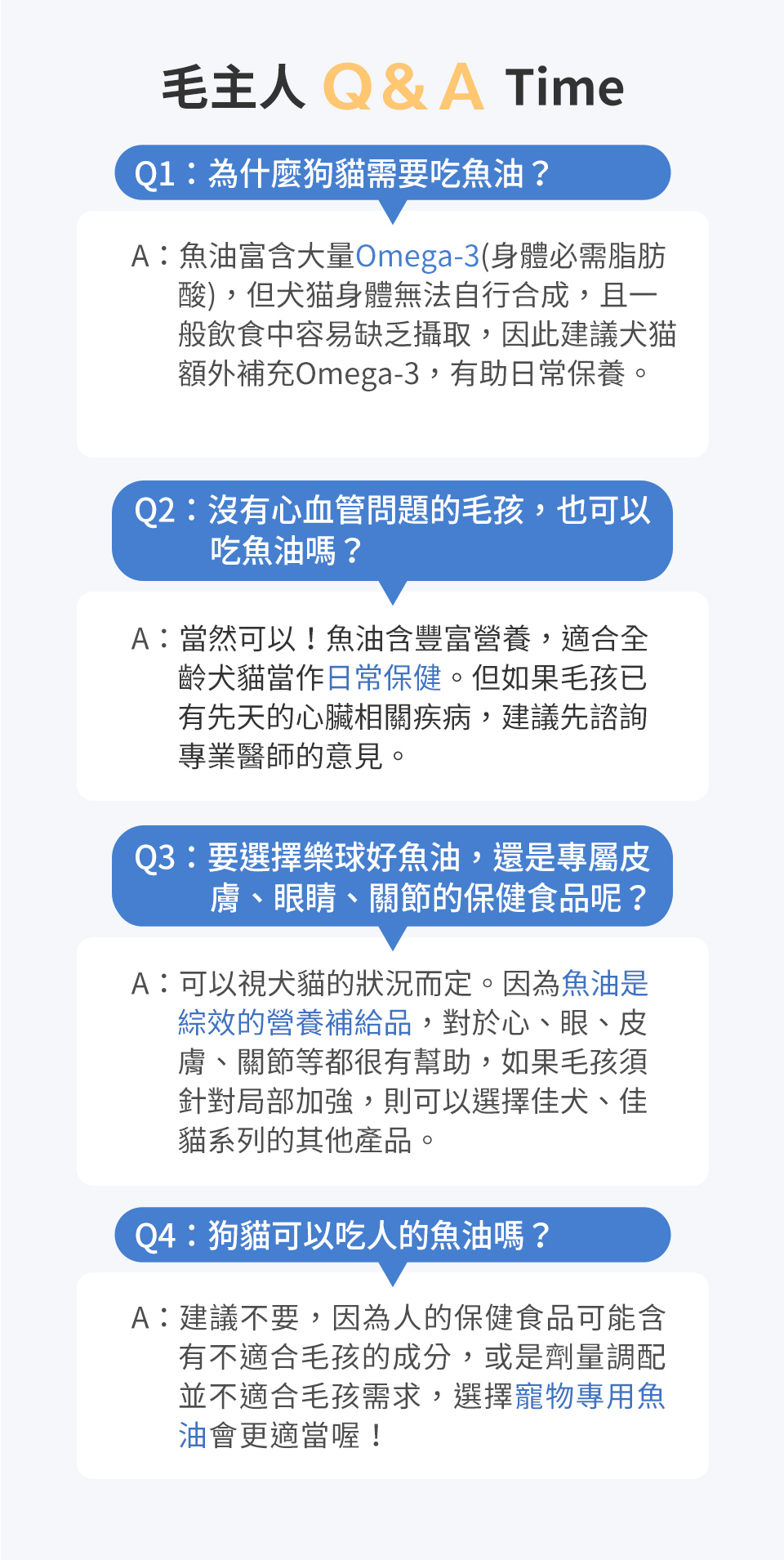 一般飲食中易缺乏Omega-3，需額外補充攝取。寵物不宜食用人的魚油，因為人的劑量調配與寵物不同