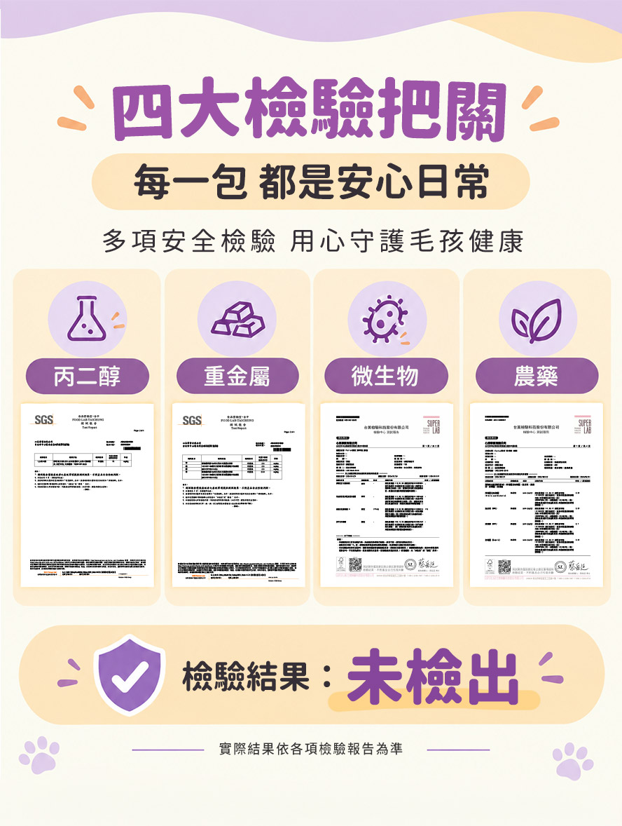 寵物紓壓保健品安全嗎？樂紓壓經SGS等第三方檢驗，丙二醇、重金屬、微生物、農藥皆未檢出。