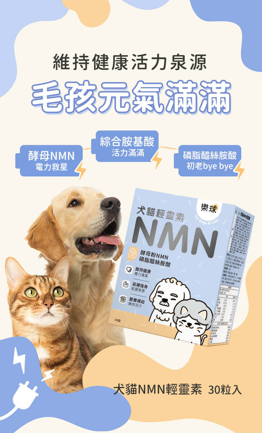 樂球NMN輕靈素,為熟齡犬貓補充流失營養,維持青春活力。