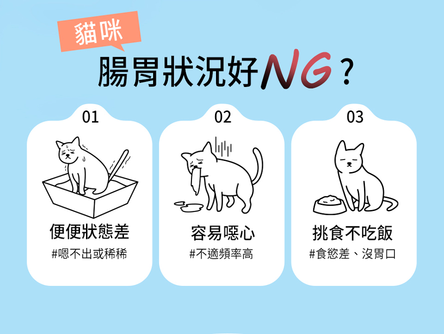 下列情況是貓咪腸胃差的症狀：時常軟便腹瀉或便秘、嘔吐頻率高、挑食不吃飯、容易沒胃口。