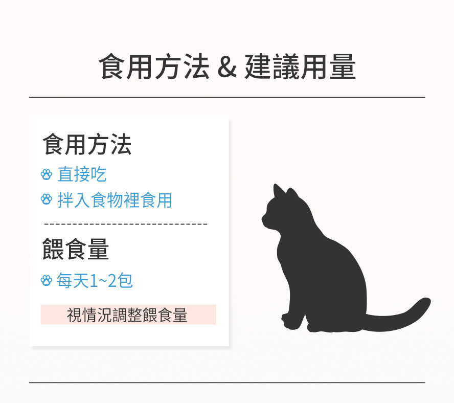 佳貓益生菌的食用方法：可以直接舔食、或拌入食物一起享用，貓咪每天1-2包，視情況調整餵食量。