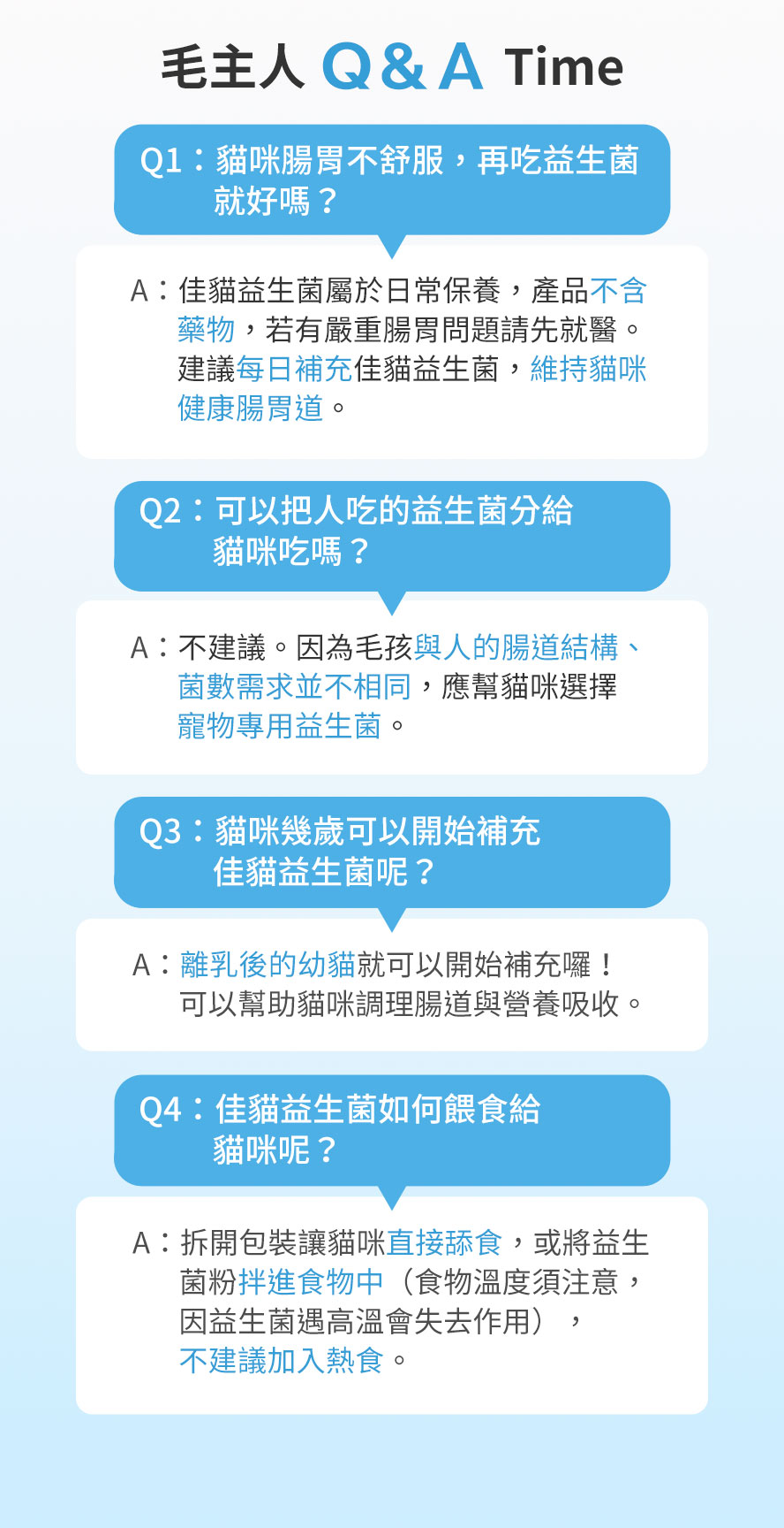 貓咪不應直接吃人的益生菌，因所需菌數和菌種都不相同，而幼貓就可以開始吃益生菌，有助營養吸收。