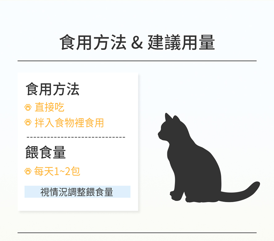 佳貓舒適泌的食用方法：可以直接舔食、或拌入食物一起享用，貓咪每天1-2包，視情況調整餵食量。