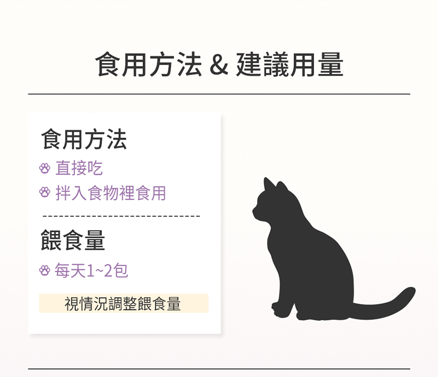 佳貓免疫力的食用方法：可以直接舔食、或拌入食物一起享用，貓咪每天1-2包，視情況調整餵食量。