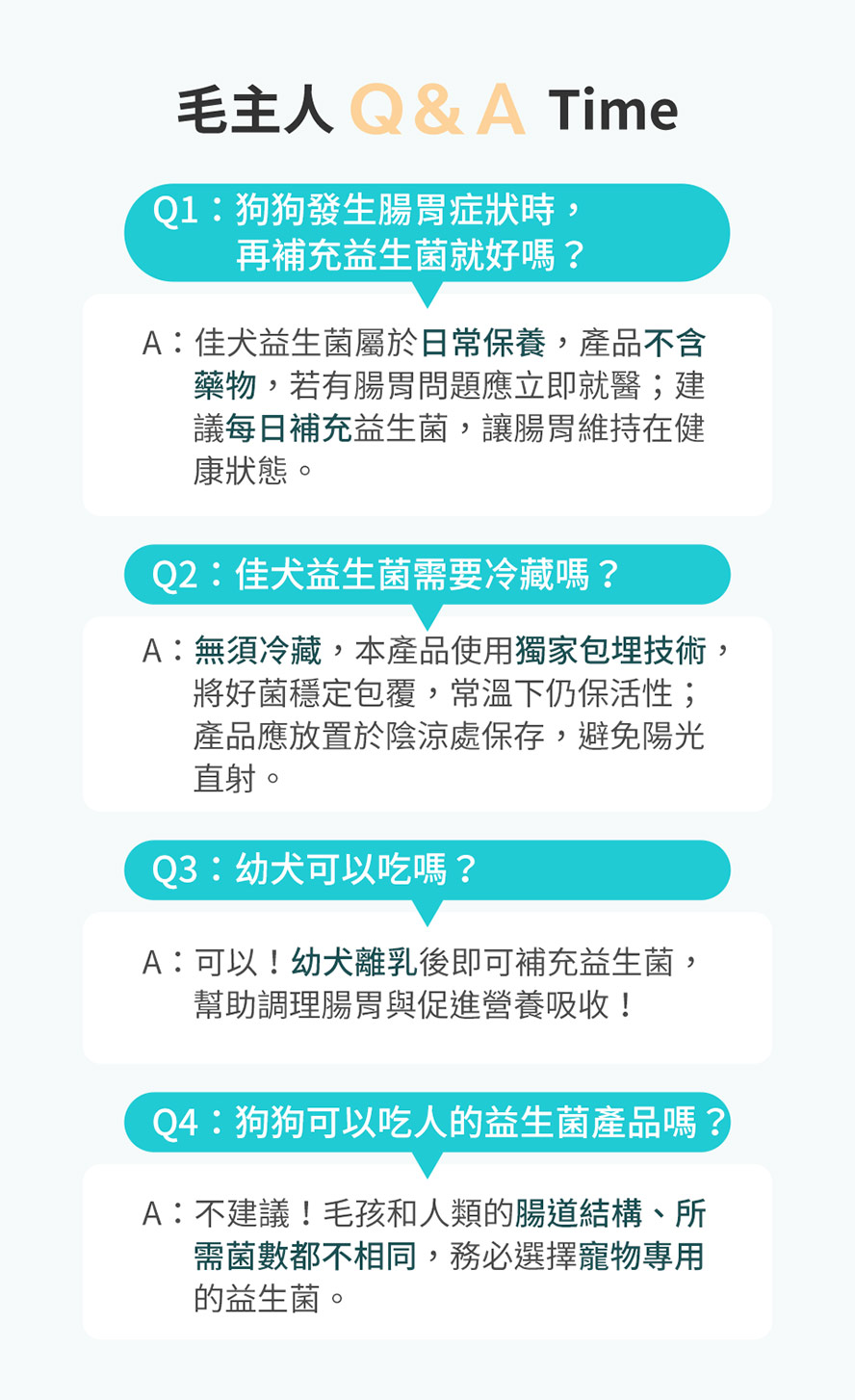 益生菌應作為狗狗的日常保養，且不建議狗狗吃人的益生菌產品，務必選擇有專利包埋技術的寵物專用佳犬益生菌