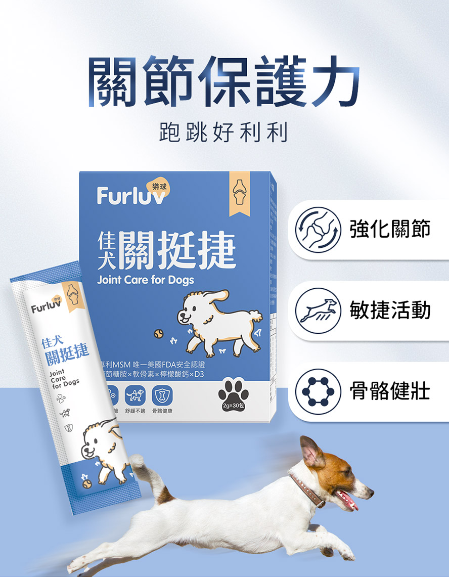 Furluv樂球佳犬關挺捷，複方原料打造狗狗良好關節，幫助維持敏捷活力與跑跳順利