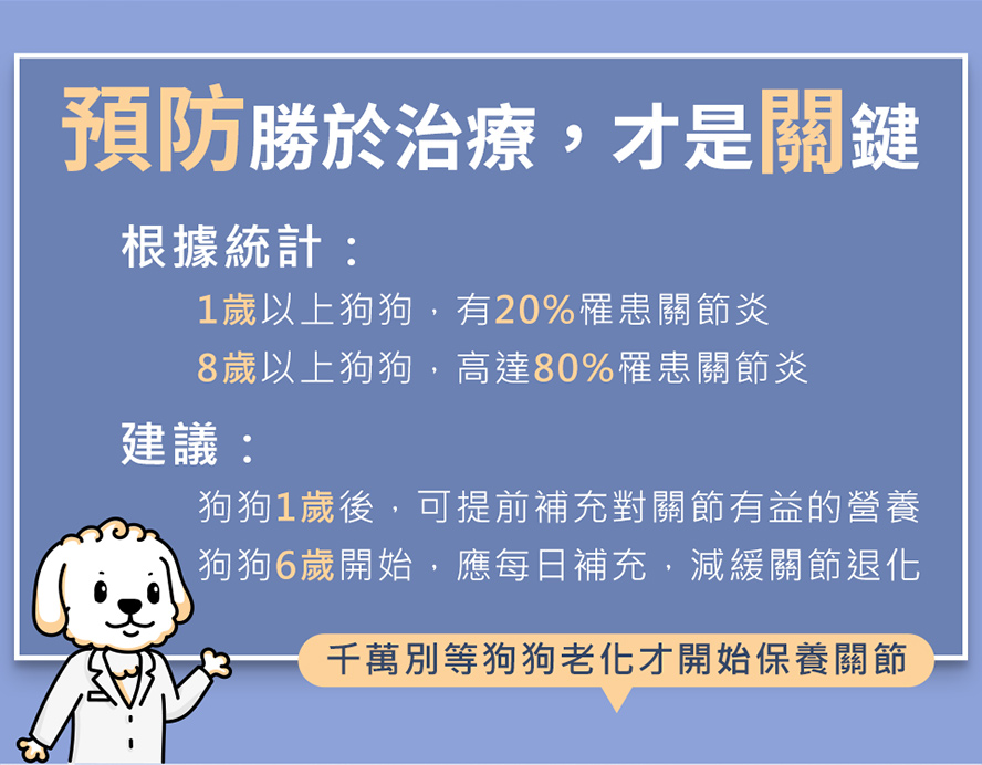 1歲以上狗狗有20%機率罹患關節炎，年紀越大、關節炎機率越高，6歲以上狗狗應提早開始保養