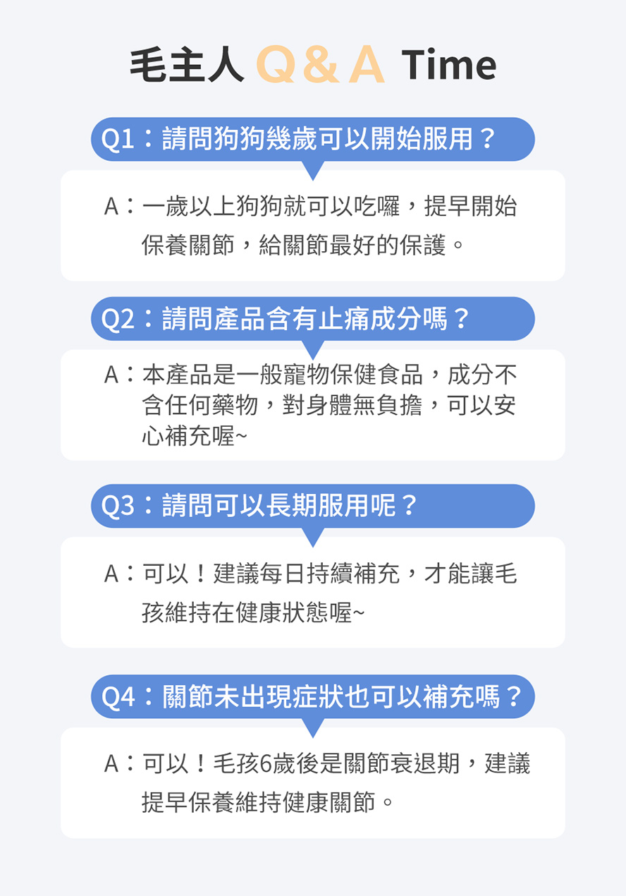 飼主問與答，1歲以上狗狗可以吃，產品不含止痛成分，推薦6歲以上狗狗每日補充佳犬關挺捷以維持關節健康