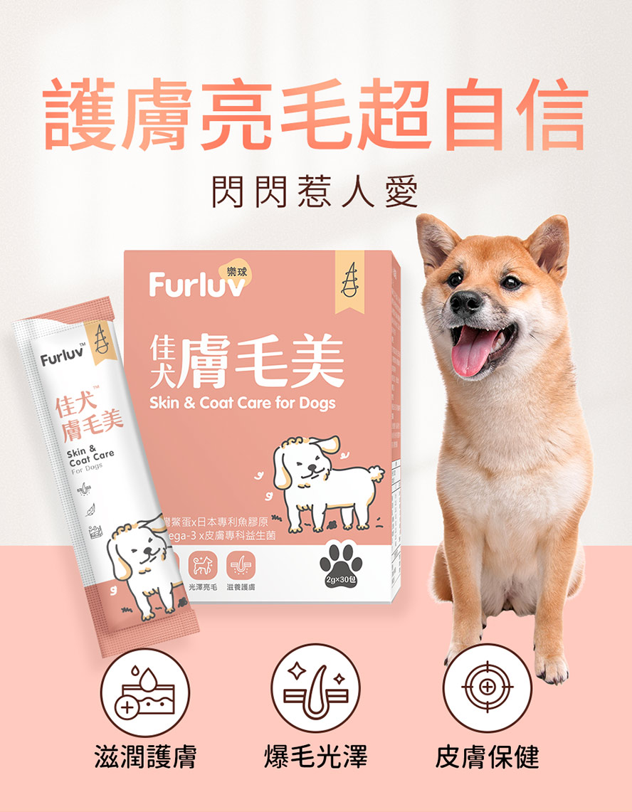 Furluv樂球佳犬膚毛美，專為狗狗打造的膚毛養護，由內而外滋潤護膚、讓毛髮豐盈柔亮