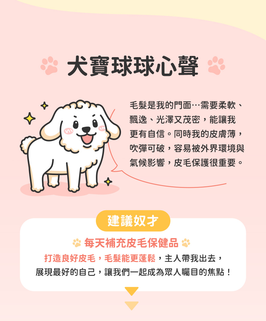 狗狗的心聲,主人每天幫我補充皮毛保健,皮膚、毛髮更健康。
