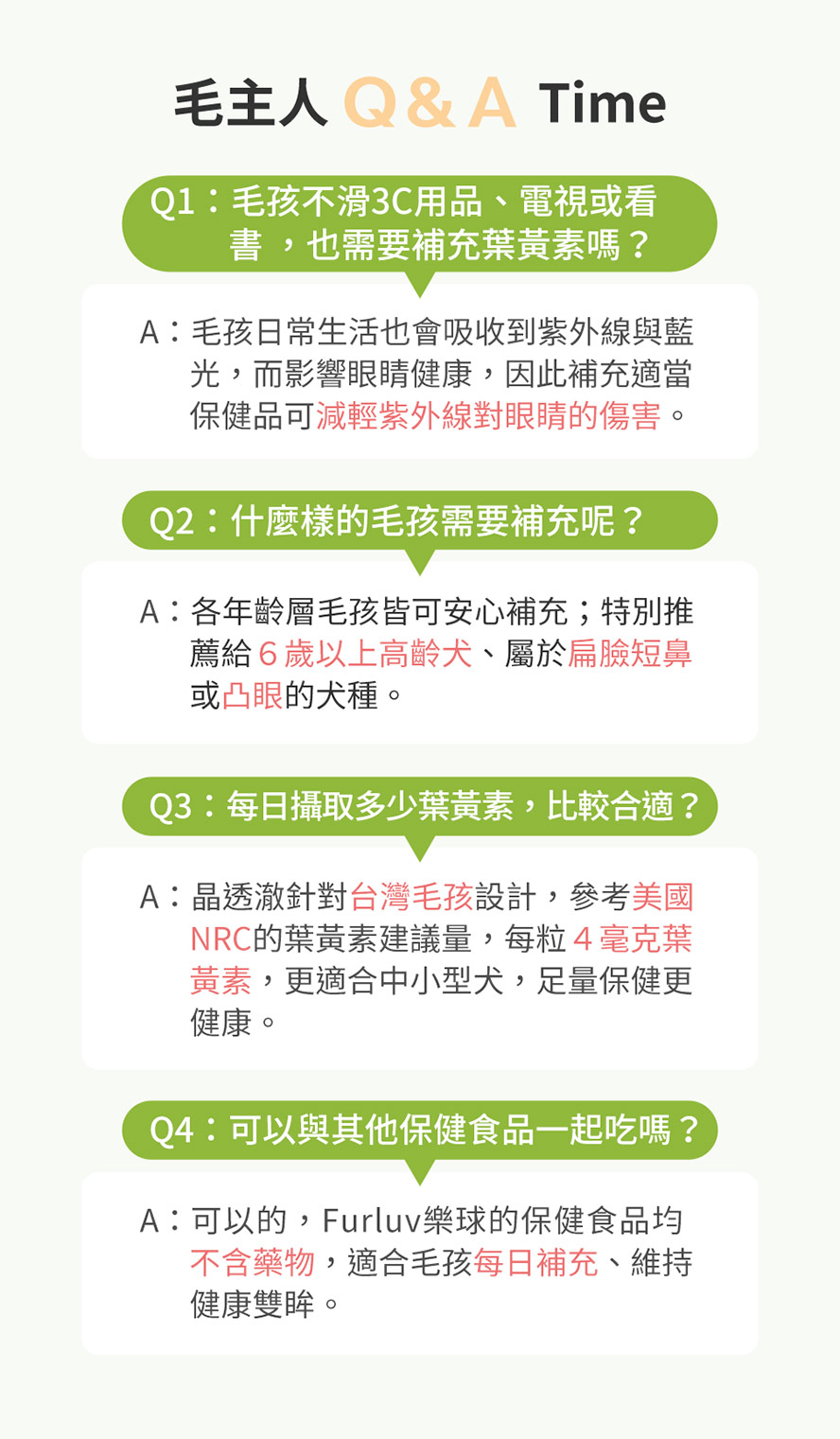 狗狗平時會吸收紫外線，日常保養可減輕紫外線傷害。也特別推薦6歲以上高齡犬、扁臉凸眼犬種足量補充