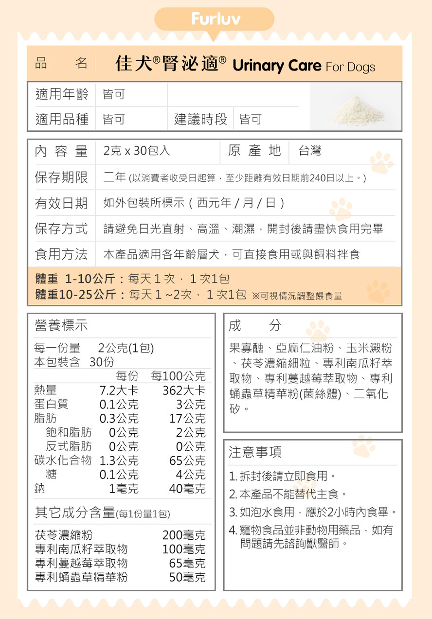 Furluv腎泌適以中西合併的專利原料製成，體重10公斤以下每日1包，10公斤以上每日1-2包。