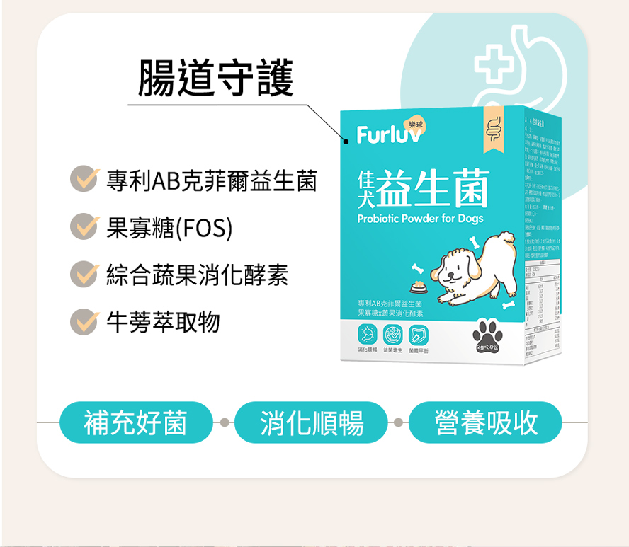 Furluv佳犬益生菌選用腸道專用AB克菲爾菌，搭配果寡糖與消化酵素，幫腸道養好菌並促進營養吸收。