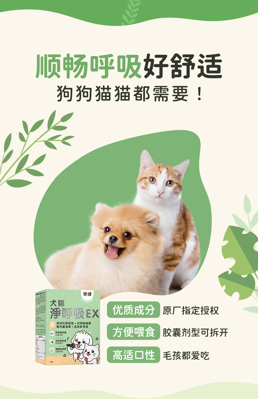 乐球净呼吸特别采用胶囊剂型，可使用喂食器，直接喂食或拌入饲料中，超高适口性，毛孩都爱吃。