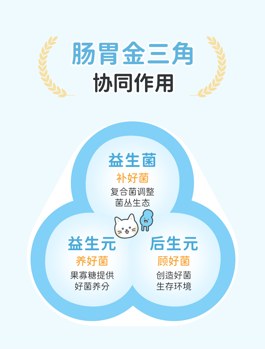 猫咪肠道金三角，益生菌、益生元、后生元，调整菌丛生态。