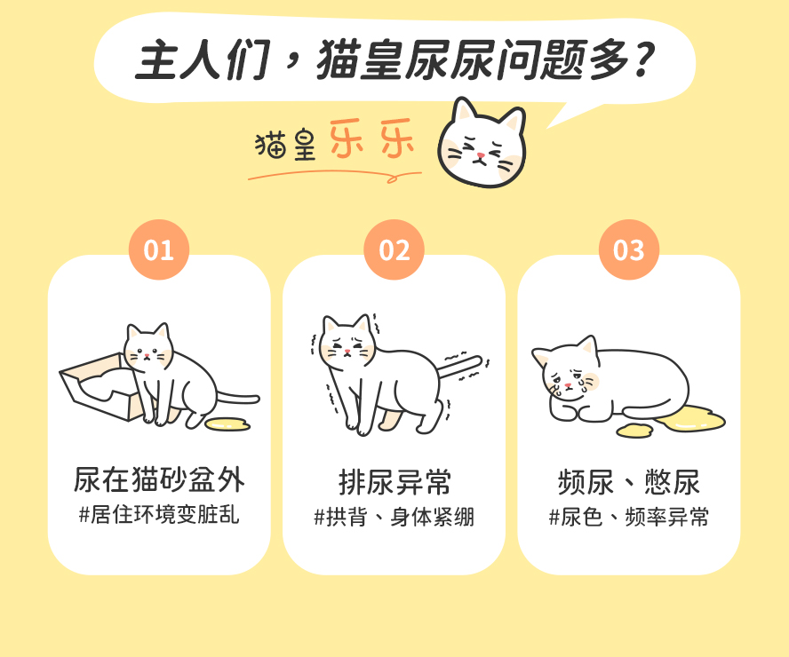 猫咪出现以下行为，可能有泌尿道或肾脏问题：拱背、身体紧綳、喝水少，容易口渴、尿在猫砂盆外、排尿异常、频尿、血尿或时常憋尿。