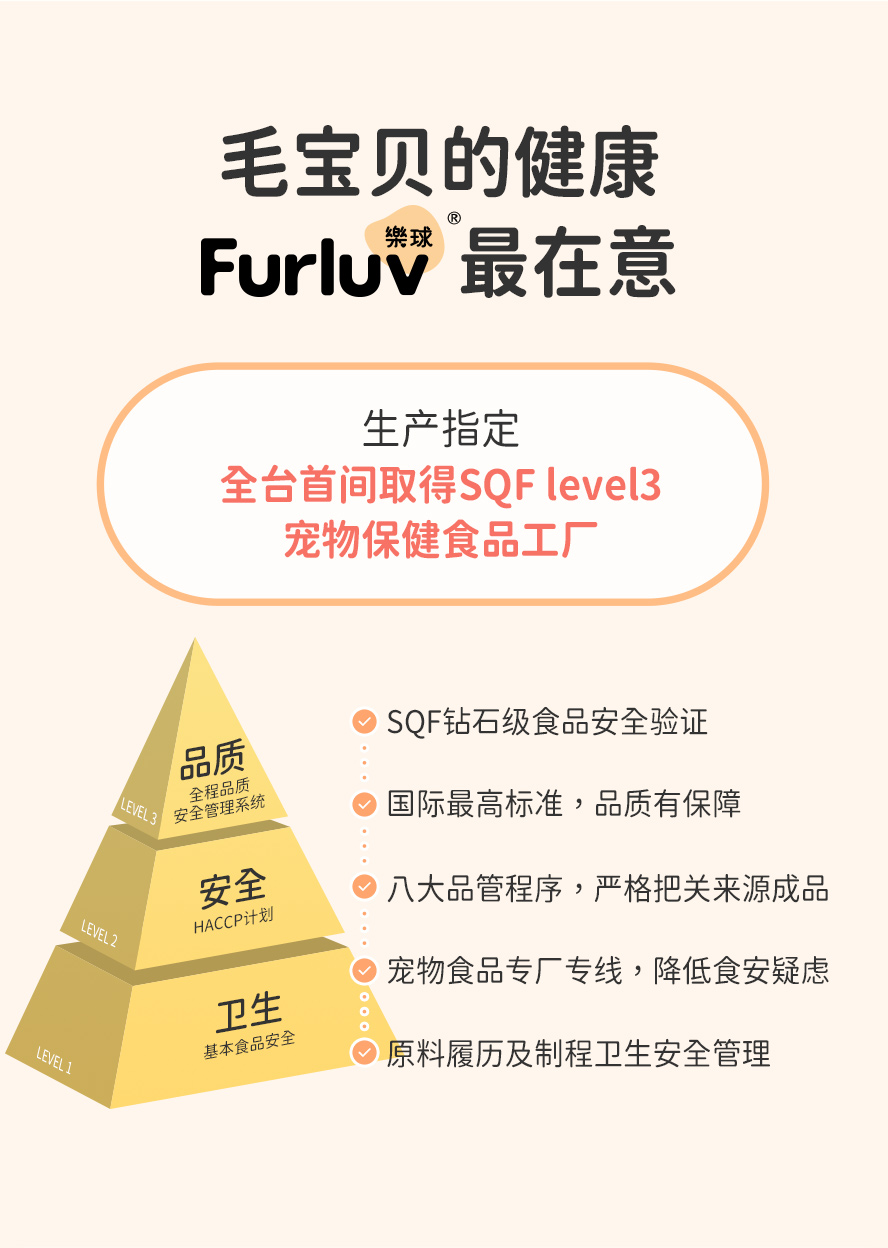 生产指定：全台首间取得SQF level3宠物保健食品工厂，钻石级食品安全认证有保障。