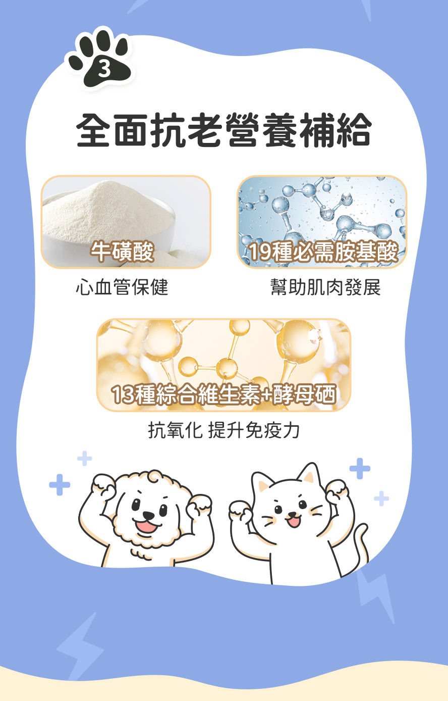 毛孩走不動：完整營養給足熟齡毛孩維持正常代謝、肌肉發展、抗氧化力。