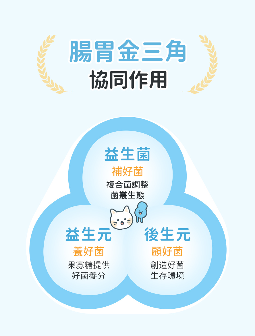 貓咪腸道金三角，益生菌、益生元、後生元，調整菌叢生態。