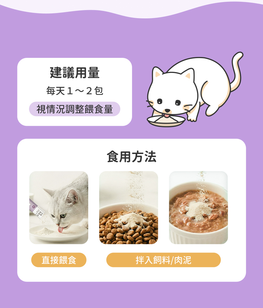 可看情況餵食1至2包，多種食用方法，餵食貓咪超方便。