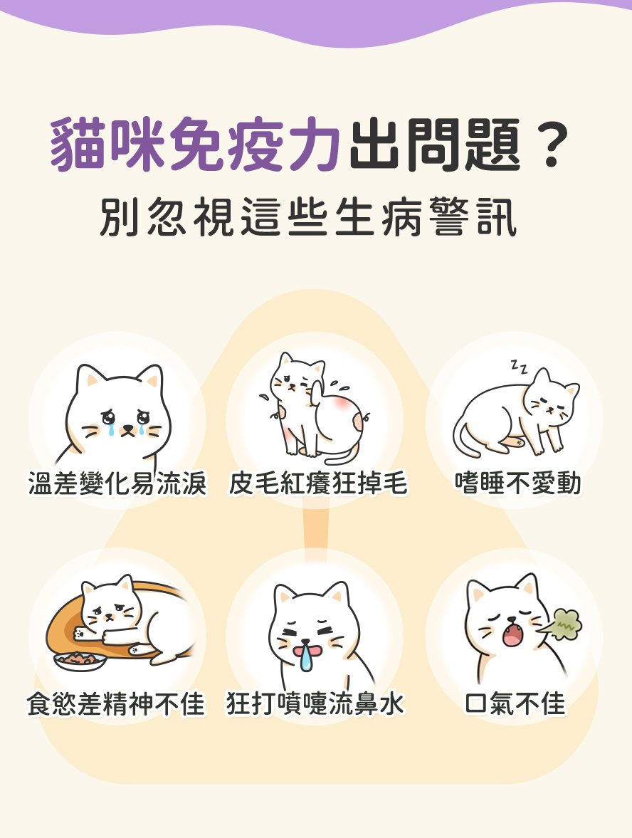 貓咪生病警訊：淚痕明顯、食慾差、流鼻涕、皮毛紅癢、掉毛、口臭、嗜睡、活力差、氣喘。
