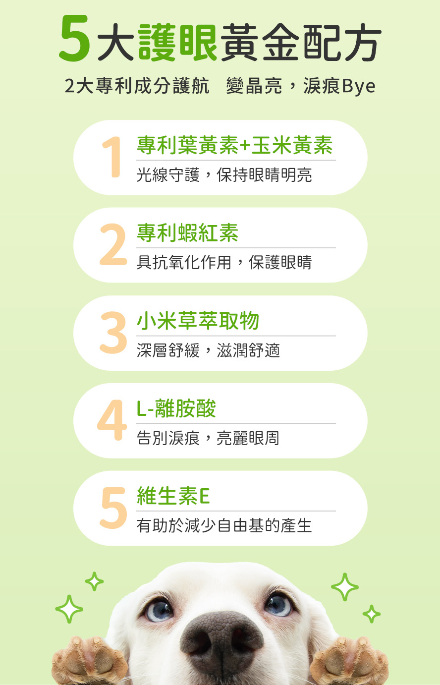 5大黃金護眼成分：專利葉黃素、玉米黃素、蝦紅素、小米草萃取物、離胺酸、維生素E
