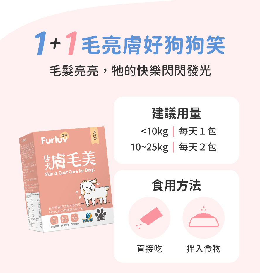 膚毛美怎麽吃：10公斤以下每天1包，10公斤以上每天2包，可以直接食用或拌入食物內。