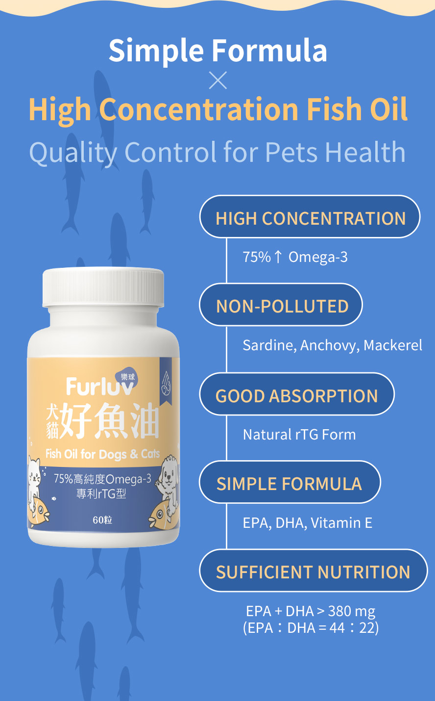 The pure formula with EPA, DHA, Vitamin E, and more than 75% of high Omega-3 content extracted from deep sea fish.