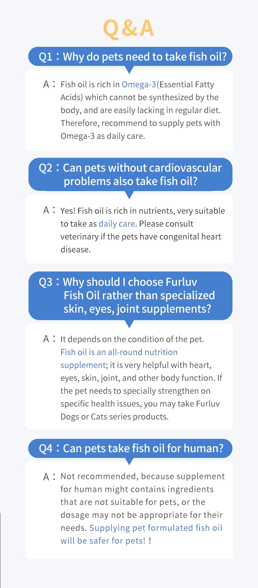 Human fish oil is not suitable for pets as the dosage and formulated nutritrion are different from pets needs
