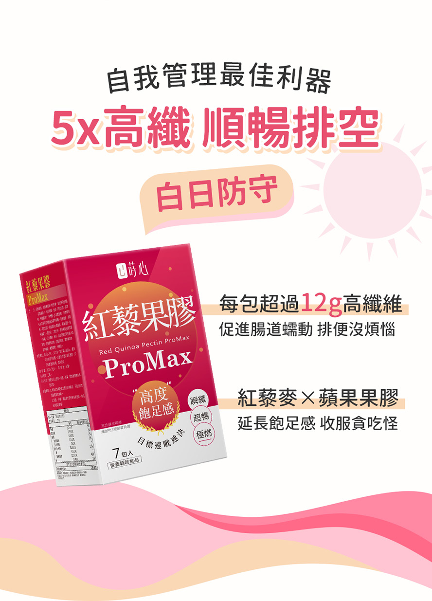 蒔心紅藜果膠推薦，高纖維量幫助延長飽足感，使排便順暢。