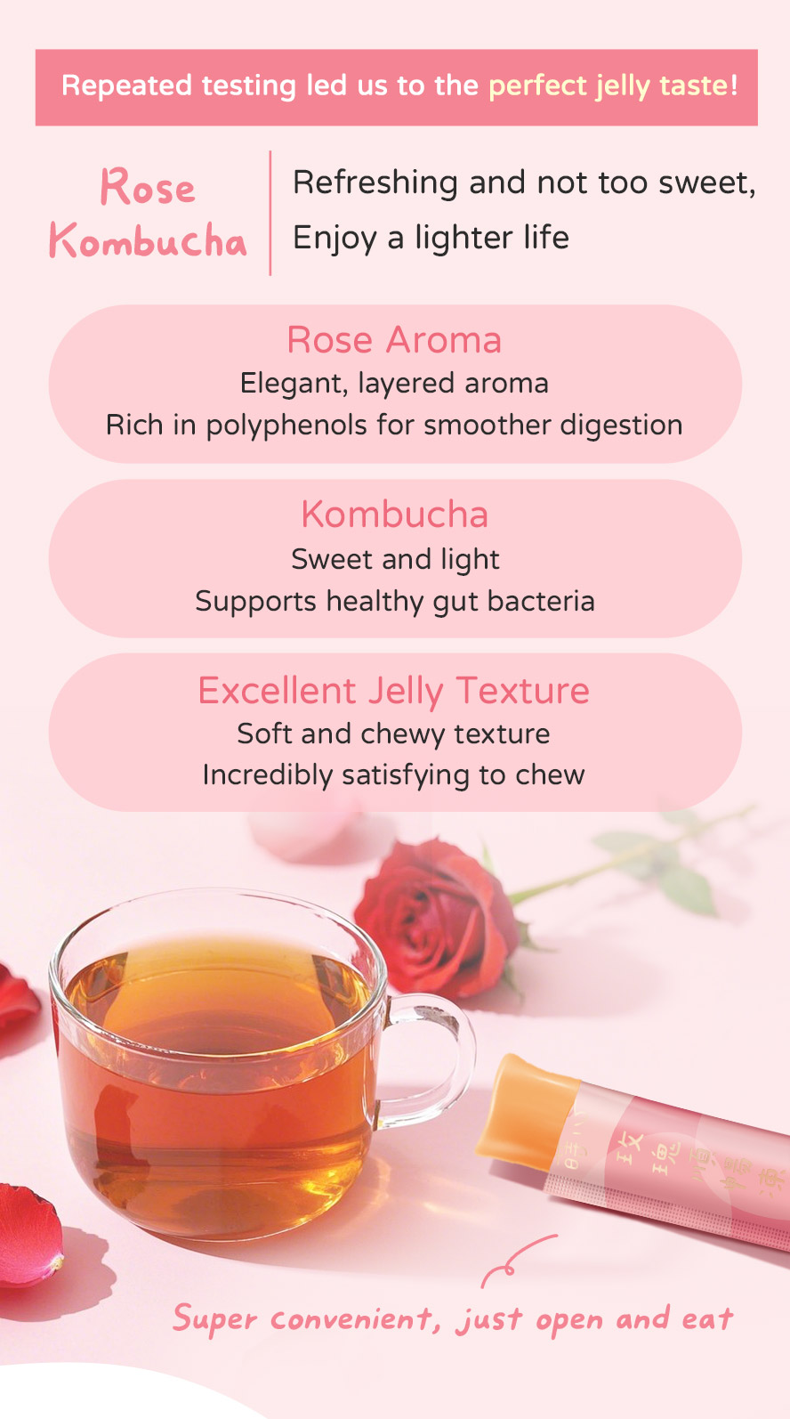 SiimHeart Smooth Move Jelly have rose kombucha flavor to help promote intestinal motility