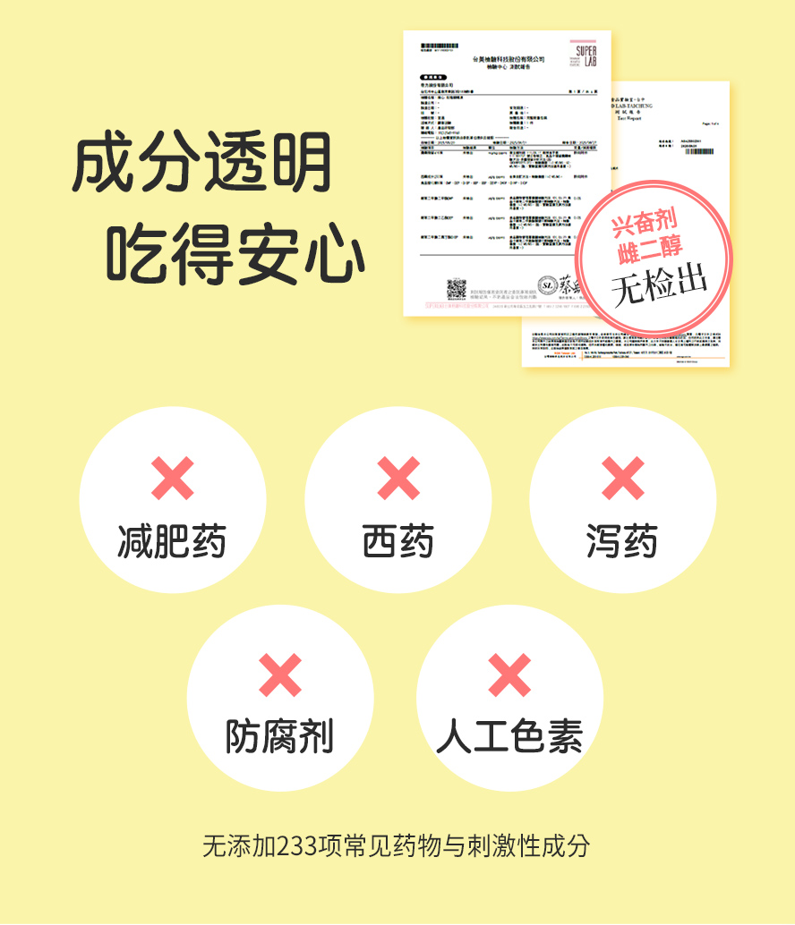 令人安心的国际权威检验：不含减肥药、西药、泻药、防腐剂、人工色素