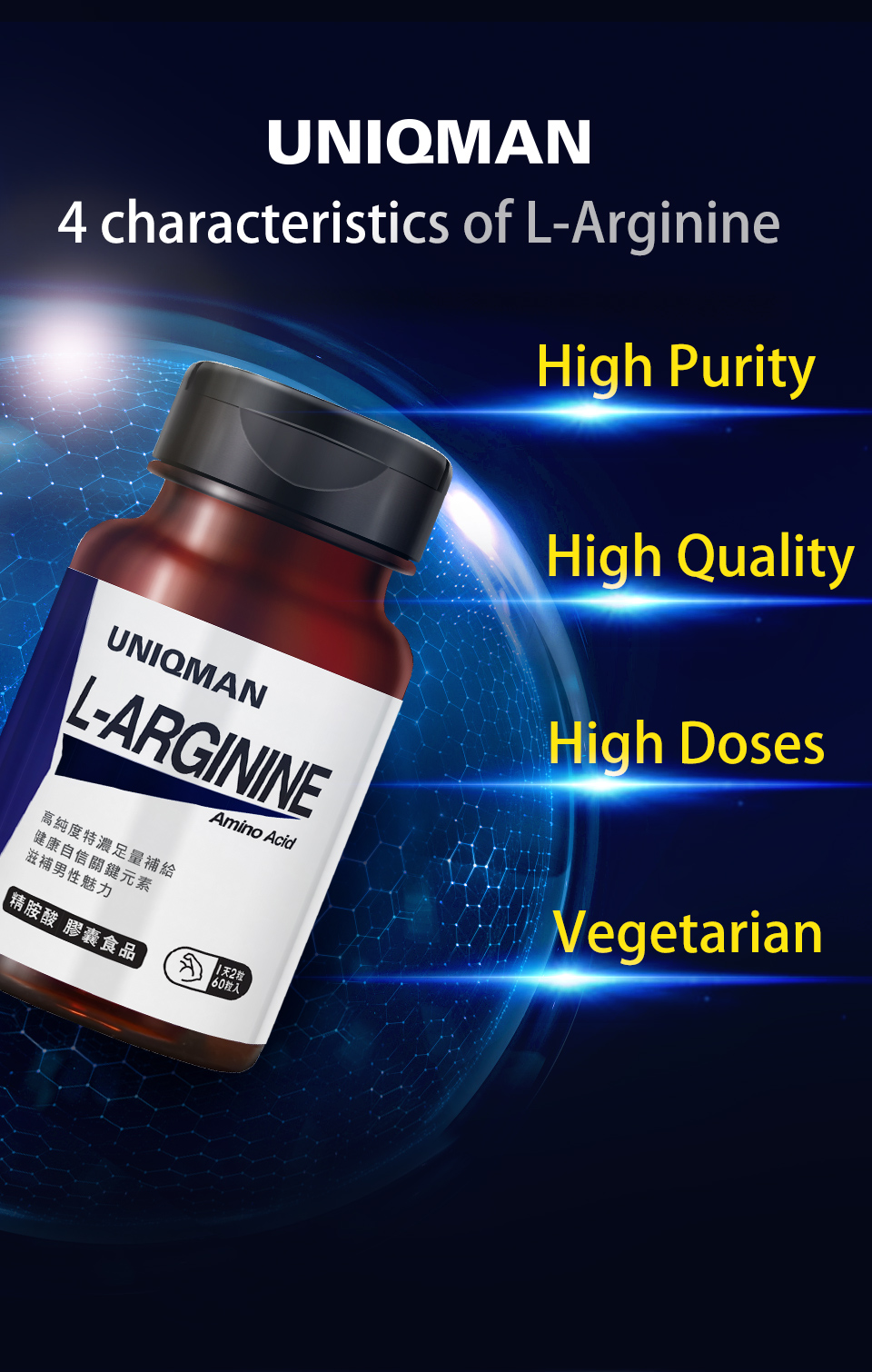 100% Pure Arginine, derived from natural fermentation with L-form for best body absorption 