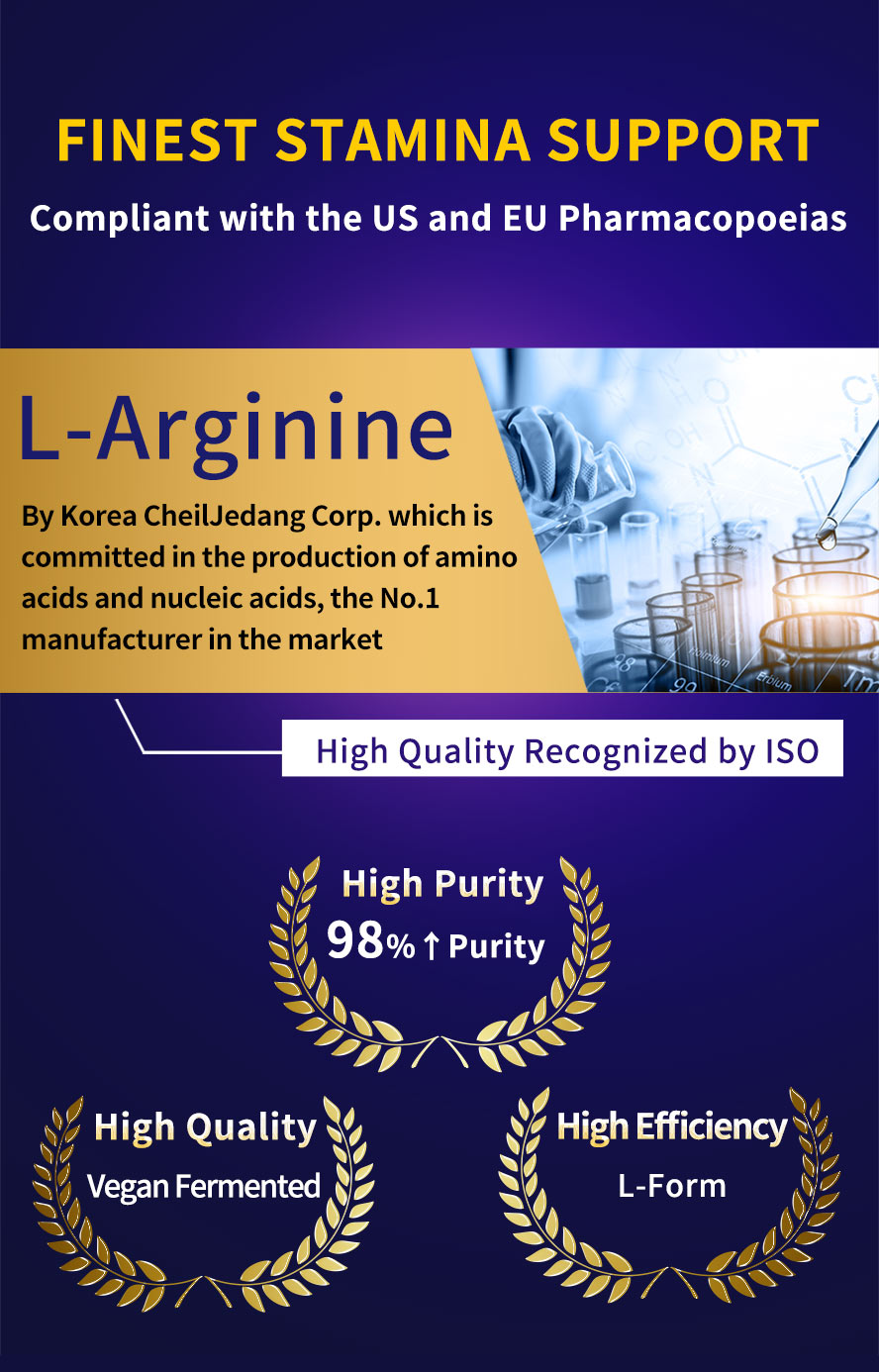 L-Arginine in UNIQMAN is sourced from a top manufacturer of amino acids and nucleic acids, ensuring high quality and purity of 98%. It is derived from vegan fermentation, the L-Form arginine used is highly efficient and complies with the standards set by the US and EU Pharmacopoeias.