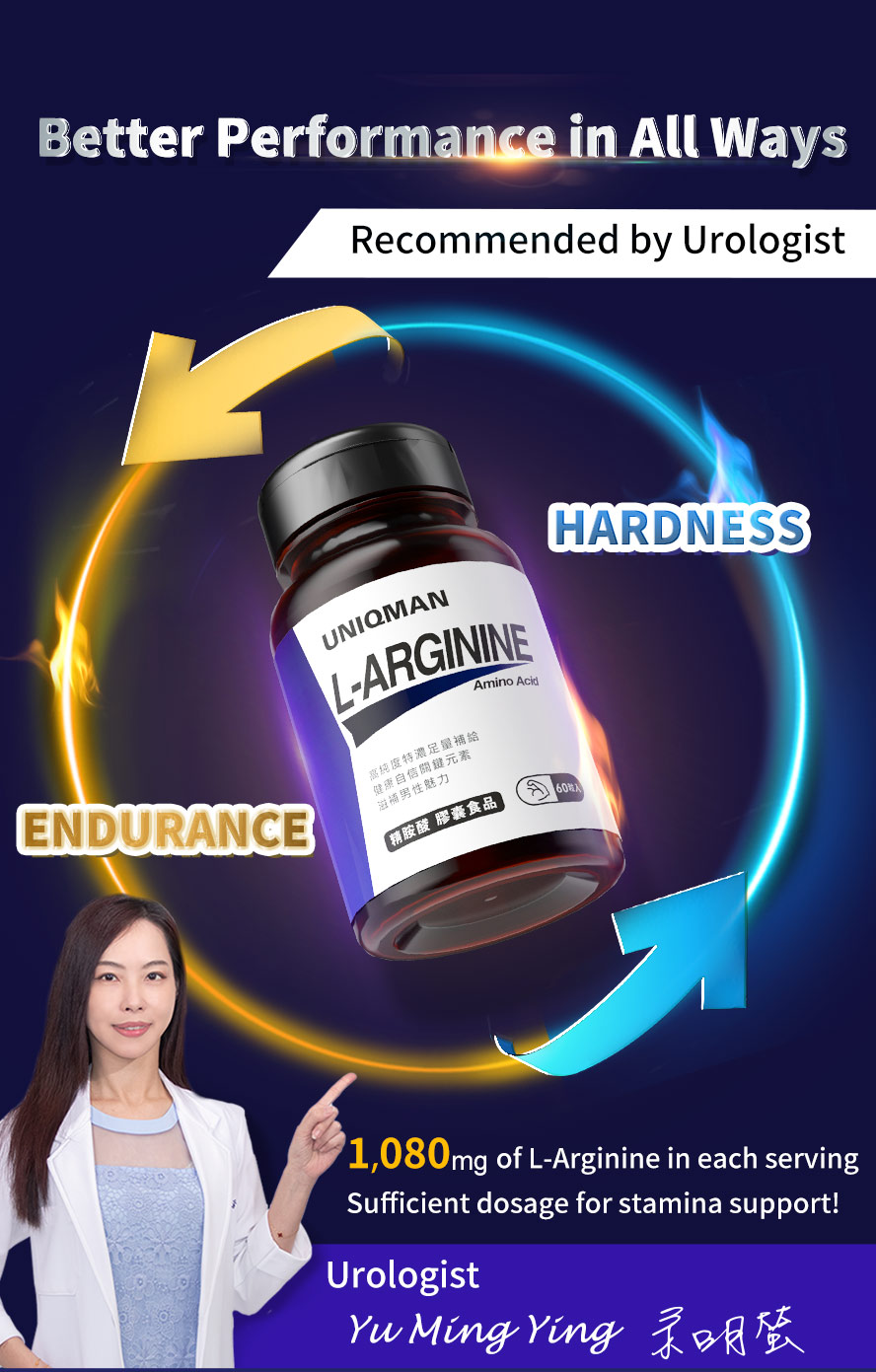 UNIQMAN L-Arginine contains 1080mg of pure arginine per serving, which is recommended by urologists as the best support for stamina, endurance, and hardness during intensity activity.