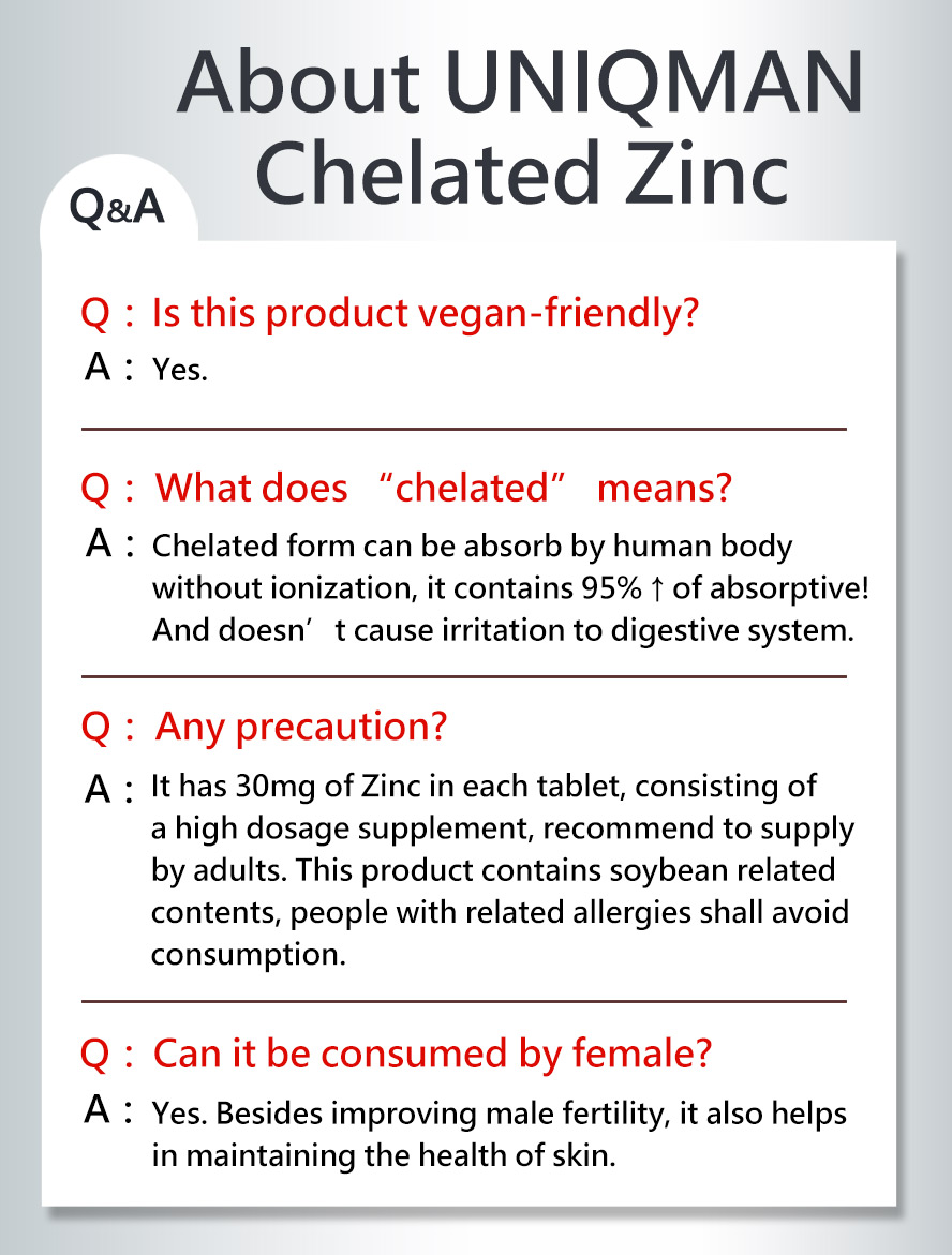 UNIQMAN Chelated Zinc is suitable for both man and woman, zinc can also help with maintaining good healthy skin condition.