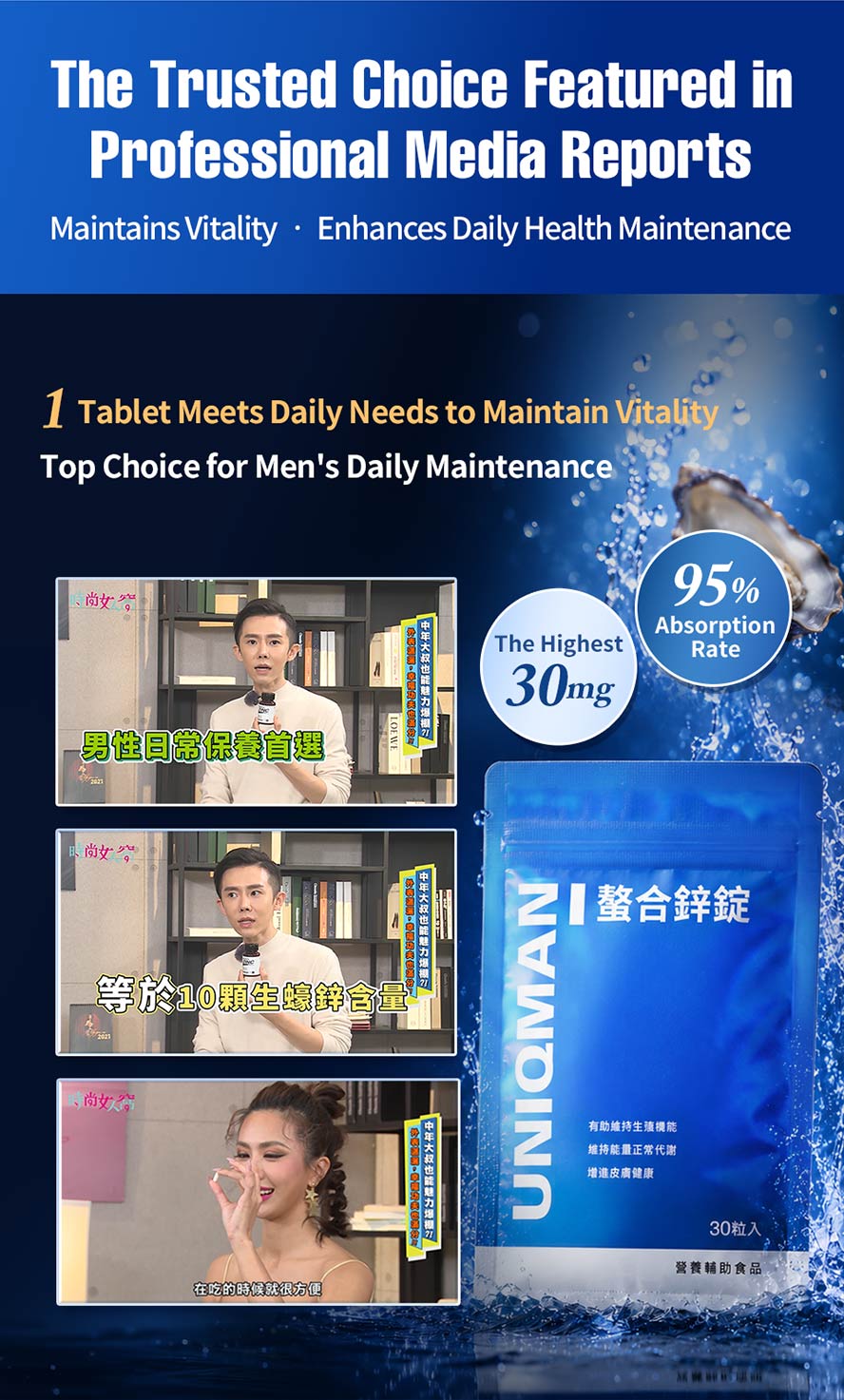Featured on popular TV shows and recommended by Taiwanese celebrities—UNIQMAN Chelated Zinc.