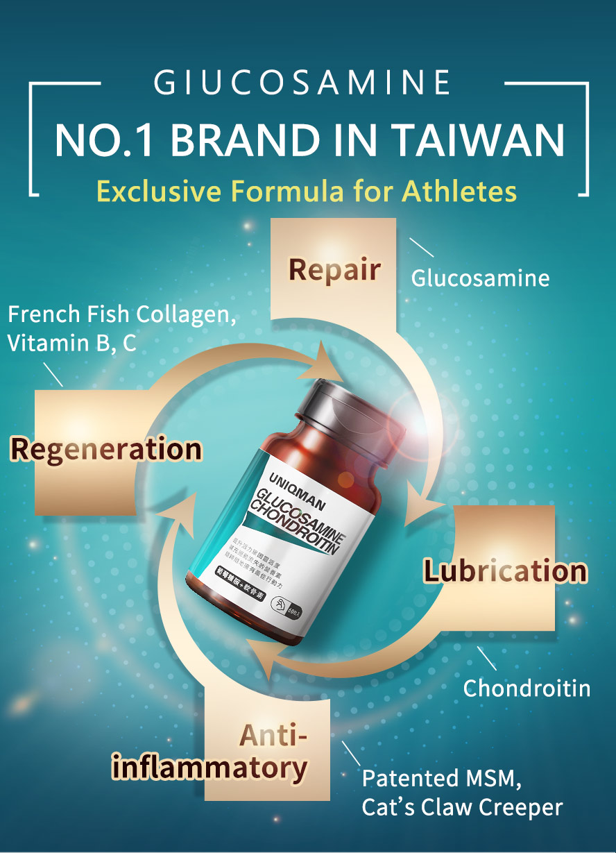 The first glucosamine in Taiwan with chondroitin, patented MSM, cat's claw, fish collagen, Vitamin B, and Vitamin C 