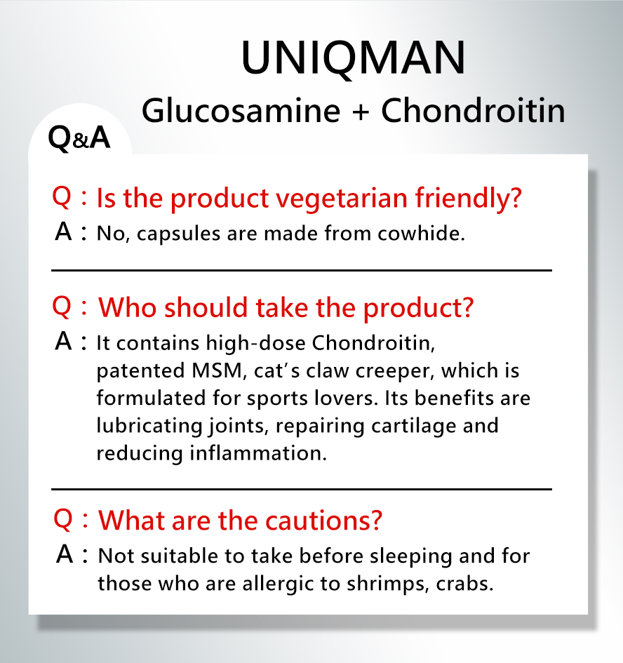 UNIQMAN Glucosamine with Chondroitin is mainly formulated for basketball player, housewife, and chef