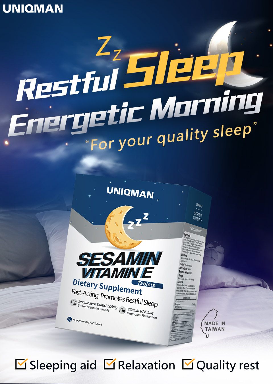 UNIQMAN Sesamin with Vitamin E helps you fall asleep faster and deal with insomnia
