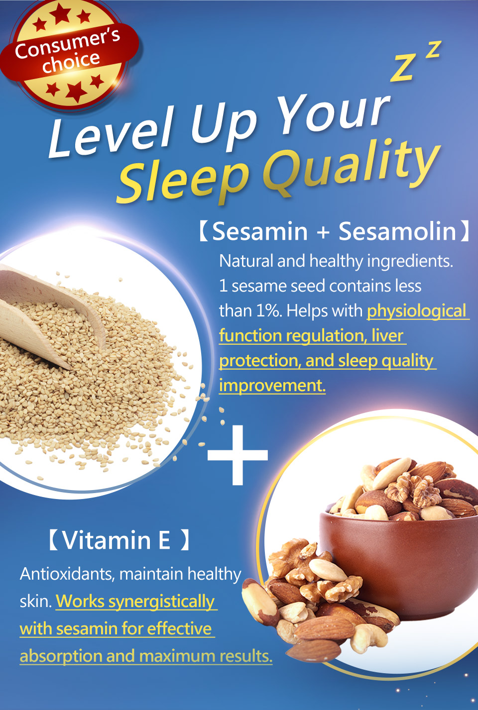 Sesamin helps with body and mind relaxation, relieve fatigue.