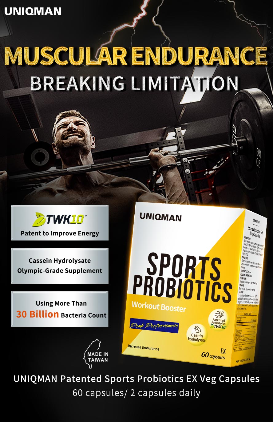 UNIQMAN Patented Sports Probiotics EX can imrpove performance, boost muscle growth, and promote better muscle recovery.