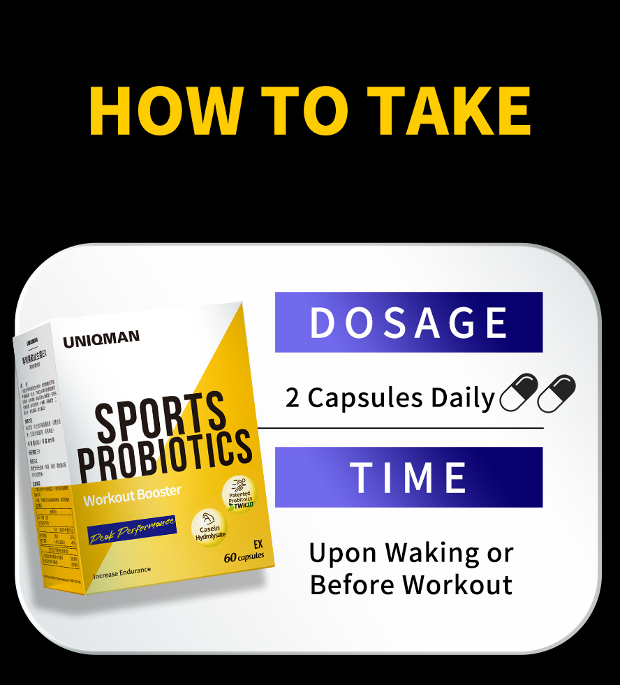 Take 2 capsules of UNIQMAN Patented Sports Probiotics EX before and after workout session