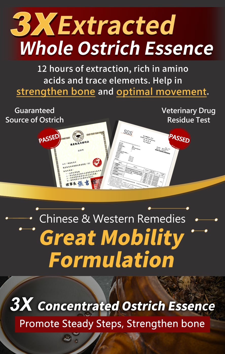 Ostrich essence helps in strengthen bone and optimal movement with no veterinary drug residue.