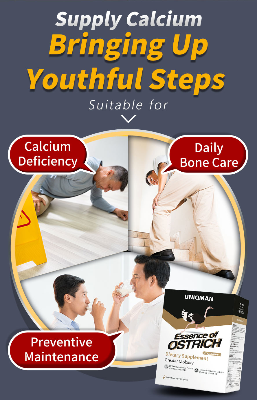 UNIQMAN Essence of Ostrich Capsules work to lower inflammation and provide essential joint nutrients especially for hikers and the elderly