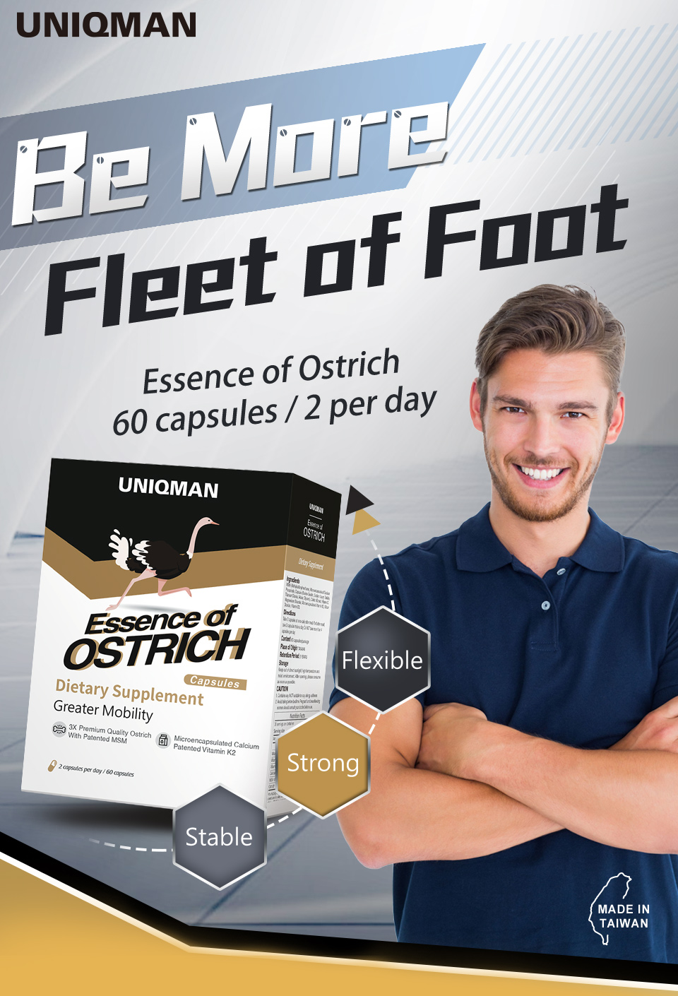 UNIQMAN Essence of Ostrich Capsules supports healthy bone,  joint structure, function and comfort.