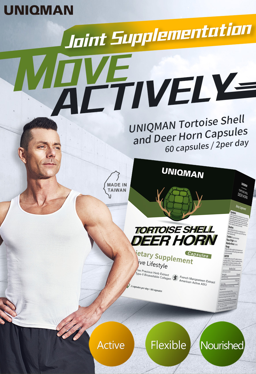 UNIQMAN Tortoise Shell and Deer Horn Capsules is a joint support supplement that promotes the restoration of cartilage.