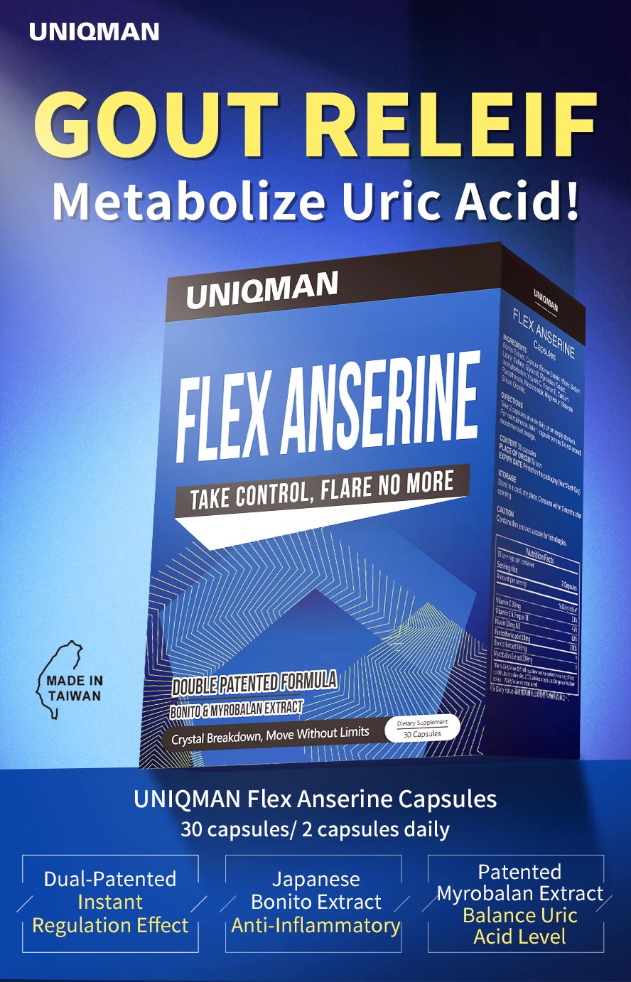 UNIQMAN Flex Anserine is an instant gout relief supplement designed to regulate gout by balancing uric acid levels and providing anti-inflammatory benefits.